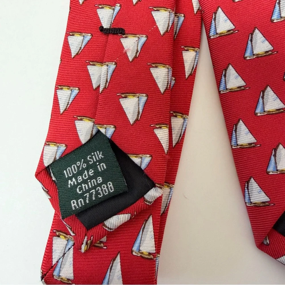 J. Crew The Narrow Tie Red‎ Sailboat 100% Silk Tie